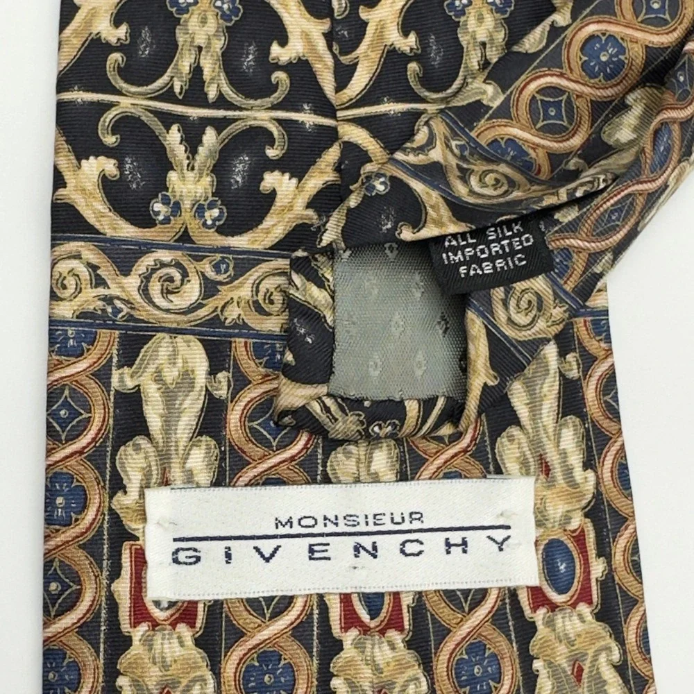 Monsieur Givenchy Silk Tie Navy‎ Gold Baroque Scrollwork Vintage Made in USA